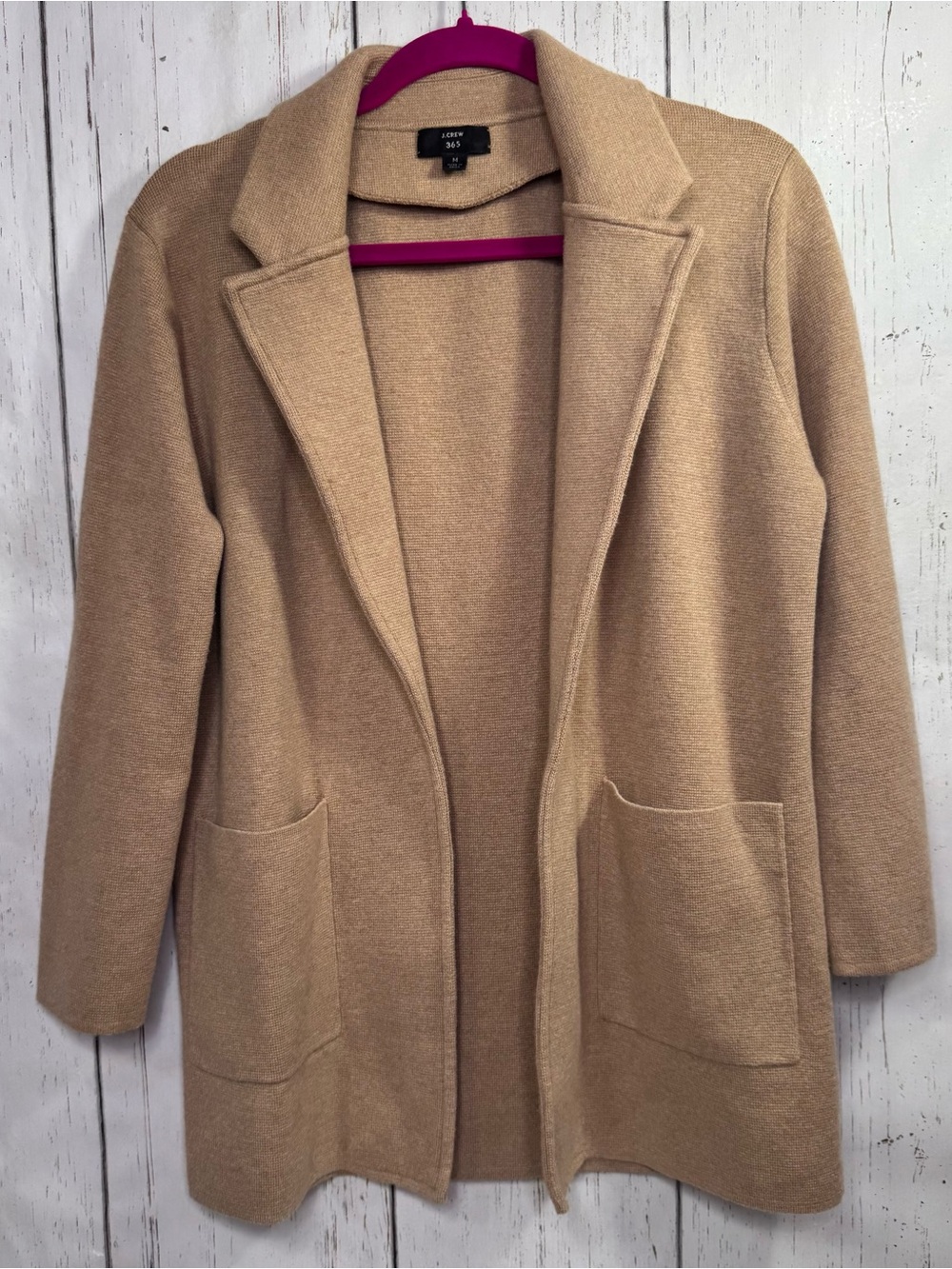 J.Crew 365 Camel Longline Sweater Blazer Open Front M Merino Wool Quiet Luxury